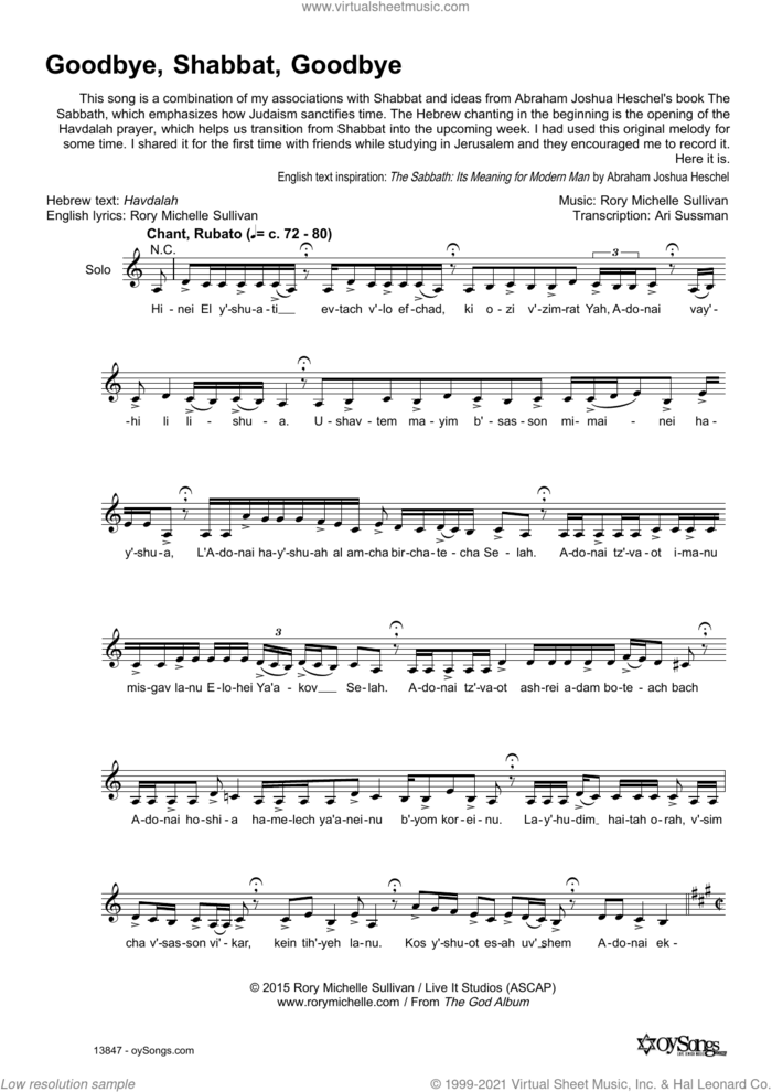 Goodbye, Shabbat, Goodbye sheet music for voice and other instruments (fake book) by Rory Michelle Sullivan, intermediate skill level