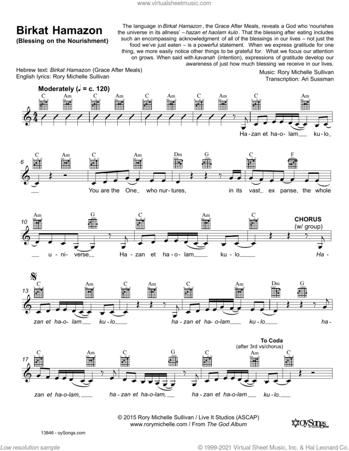 Birkat Hamazon sheet music for voice and other instruments (fake book) by Rory Michelle Sullivan, intermediate skill level