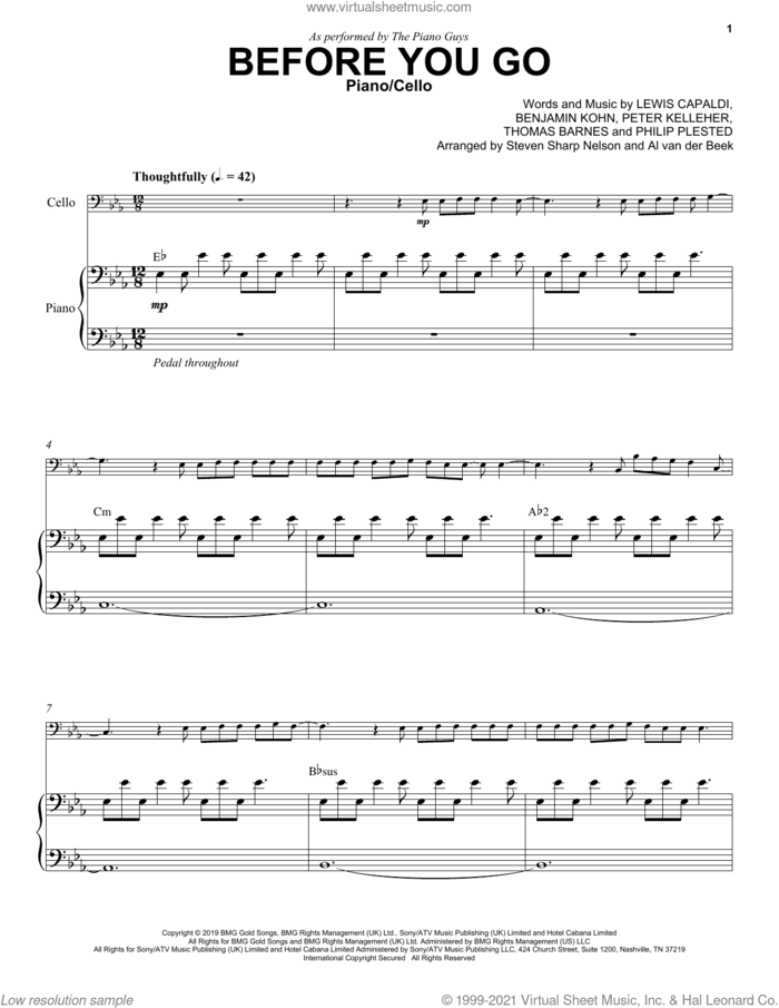 Before You Go sheet music for cello and piano by The Piano Guys, Benjamin Kohn, Lewis Capaldi, Peter Kelleher, Philip Plested and Thomas Barnes, intermediate skill level