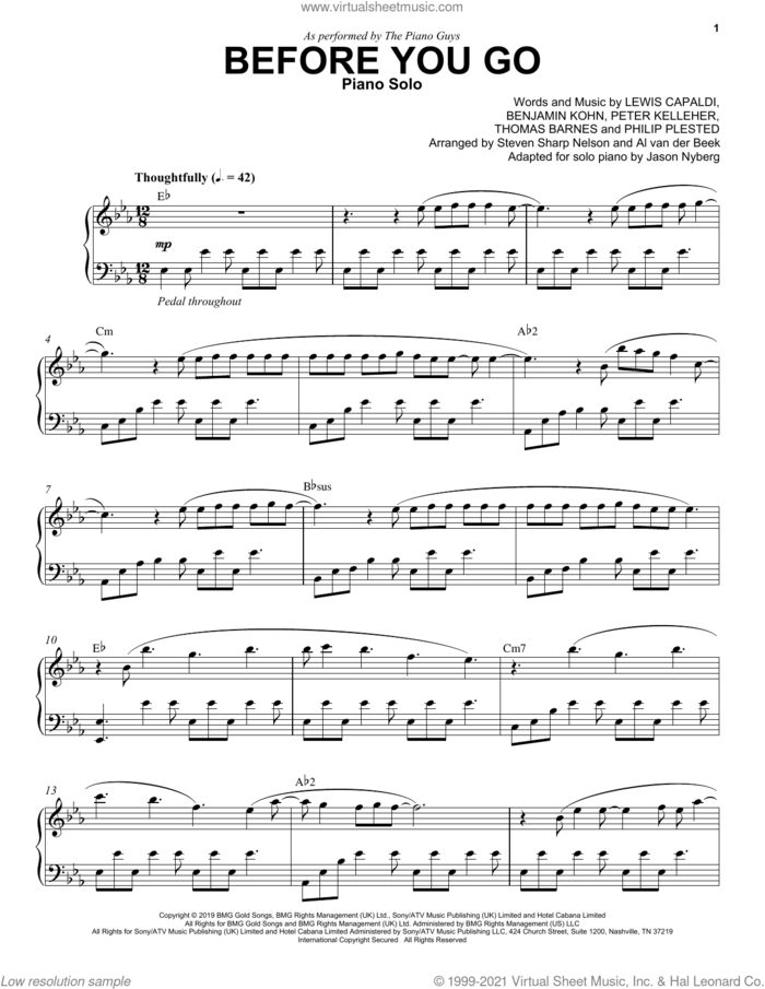 Before You Go sheet music for piano solo by The Piano Guys, Benjamin Kohn, Lewis Capaldi, Peter Kelleher, Philip Plested and Thomas Barnes, intermediate skill level