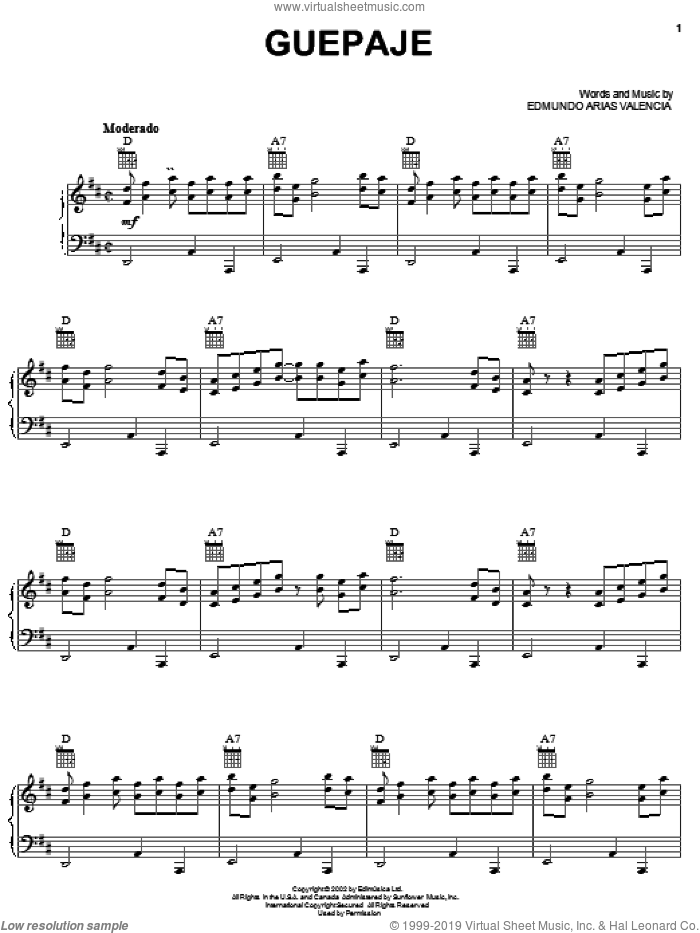 Guepaje sheet music for voice, piano or guitar by Edmundo Arias Valencia, intermediate skill level