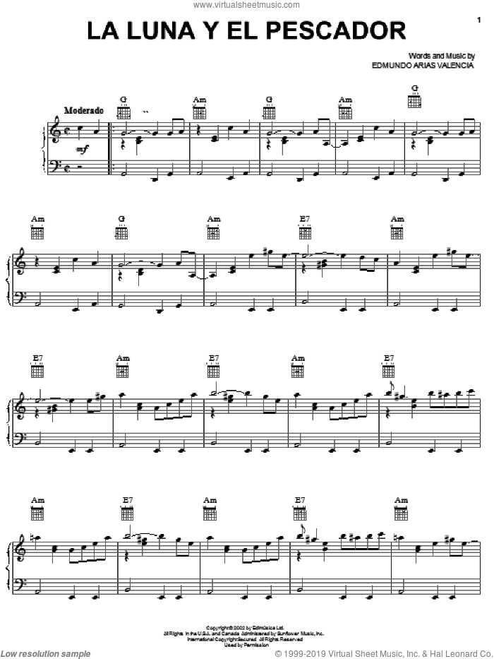 La Luna Y El Pescador sheet music for voice, piano or guitar by Edmundo Arias Valencia, intermediate skill level