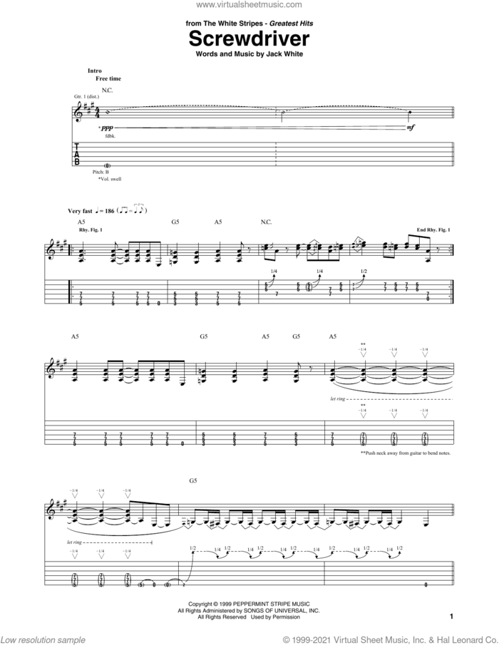 Screwdriver sheet music for guitar (tablature) by The White Stripes and Jack White, intermediate skill level