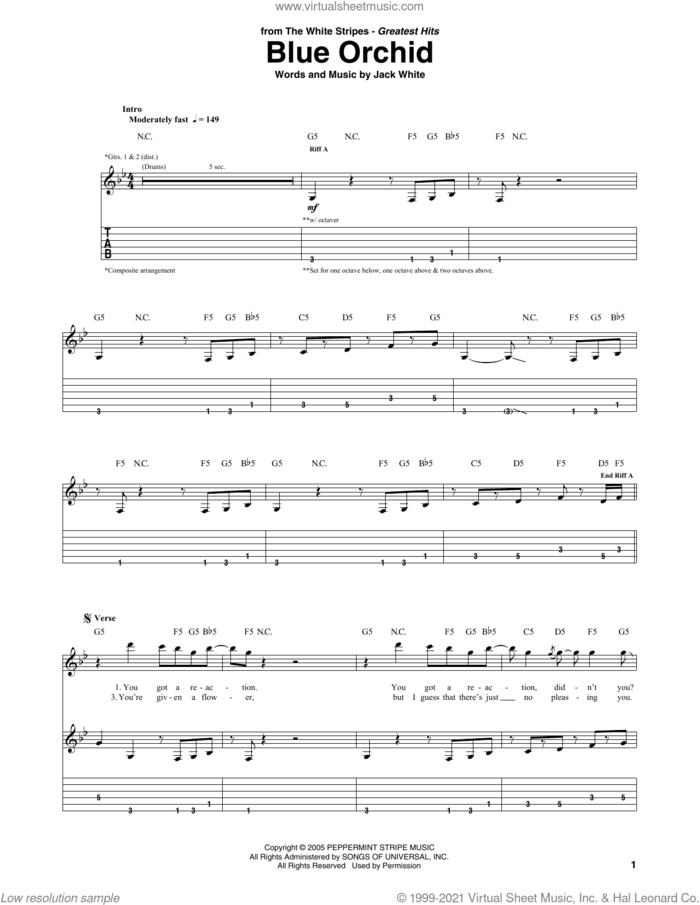 Blue Orchid sheet music for guitar (tablature) by The White Stripes and Jack White, intermediate skill level