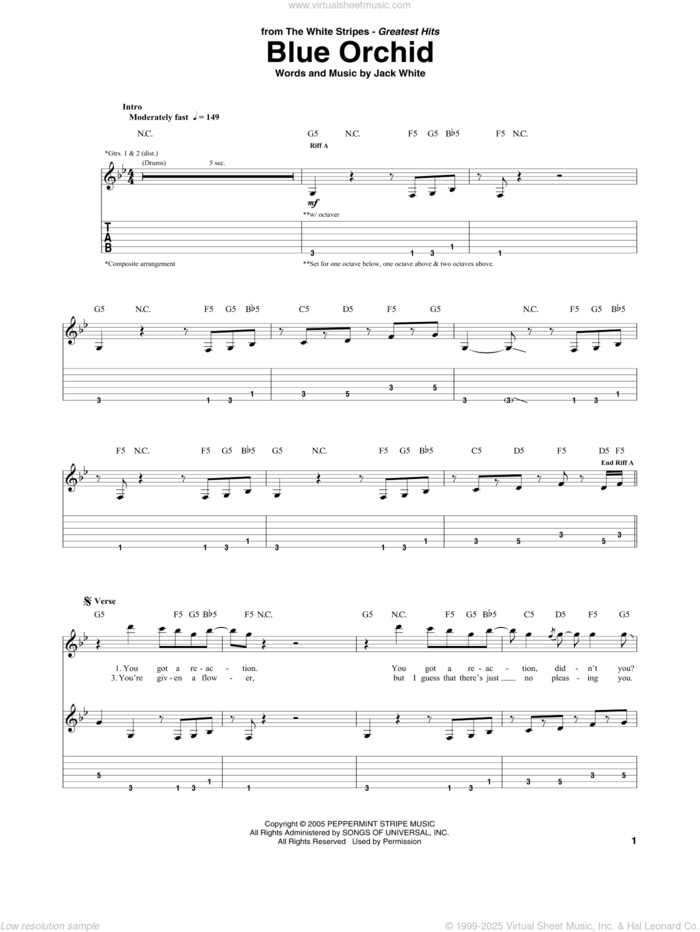 Blue Orchid sheet music for guitar (tablature) by The White Stripes and Jack White, intermediate skill level