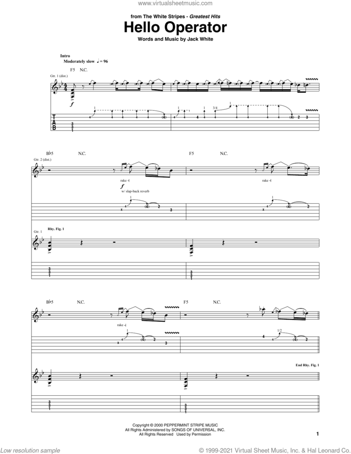 Hello Operator sheet music for guitar (tablature) by The White Stripes and Jack White, intermediate skill level