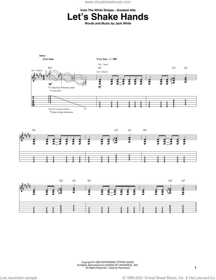 Let's Shake Hands sheet music for guitar (tablature) by The White Stripes and Jack White, intermediate skill level