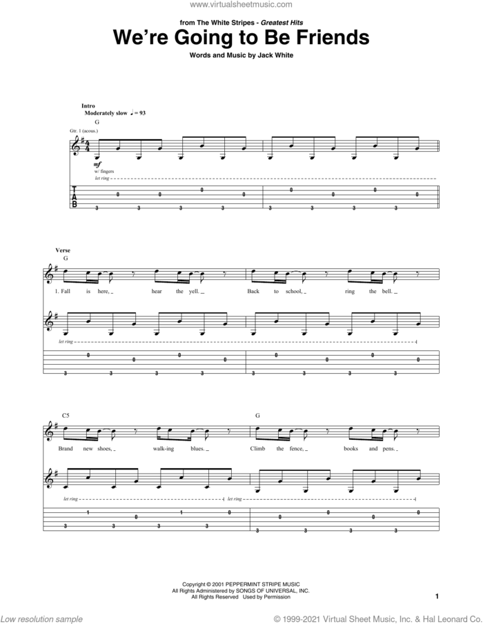 We're Going To Be Friends sheet music for guitar (tablature) by The White Stripes and Jack White, intermediate skill level