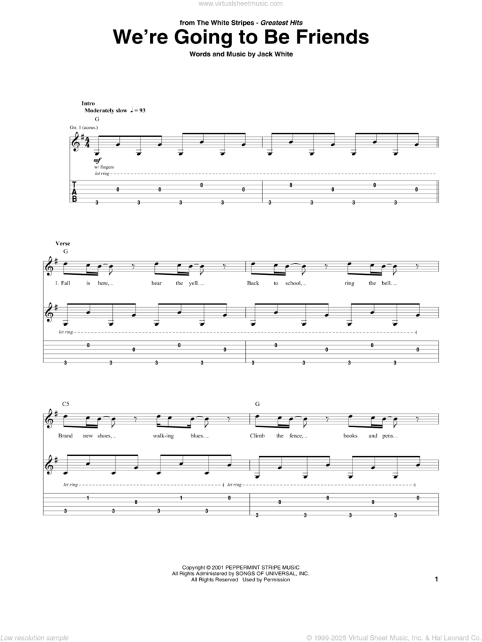 We're Going To Be Friends sheet music for guitar (tablature) by The White Stripes and Jack White, intermediate skill level