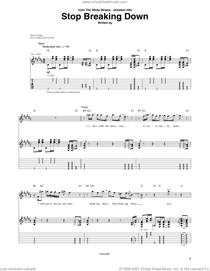 Stop Breakin' Down Blues sheet music for guitar (tablature) by The White Stripes and Robert Johnson, intermediate skill level