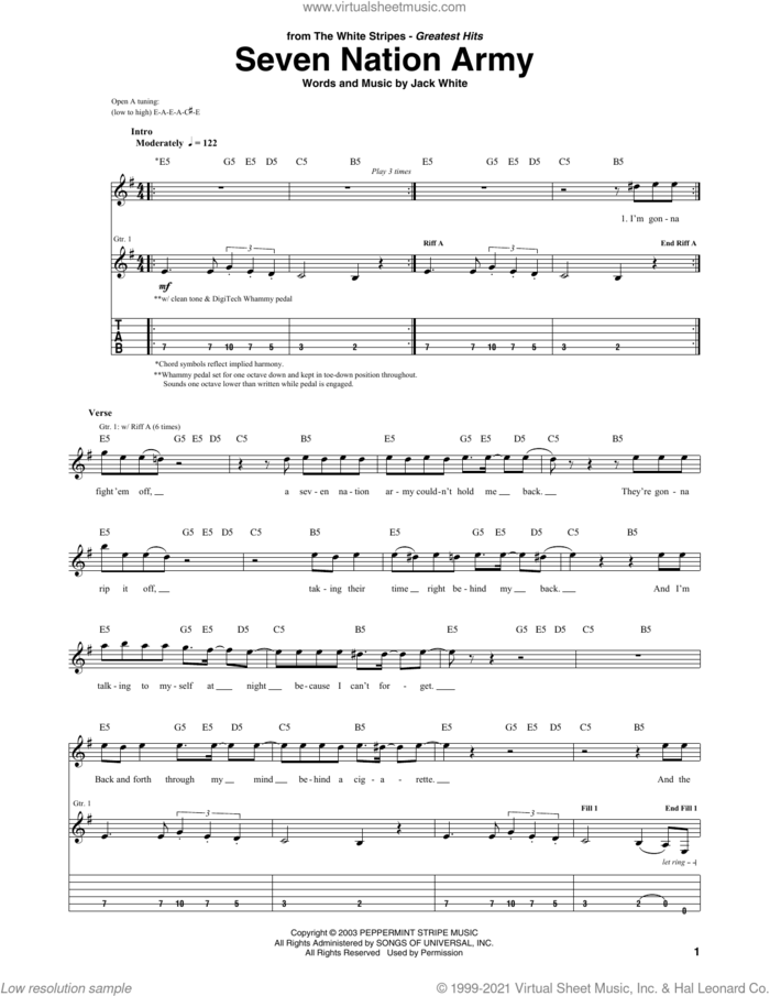 Seven Nation Army sheet music for guitar (tablature) by The White Stripes and Jack White, intermediate skill level