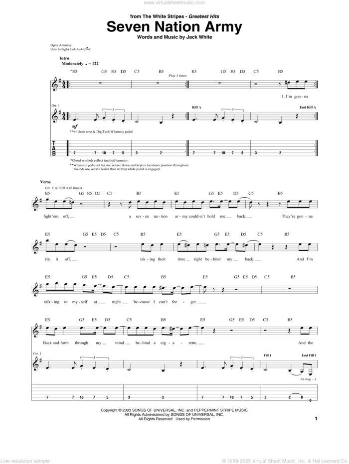 Seven Nation Army sheet music for guitar (tablature) by The White Stripes and Jack White, intermediate skill level