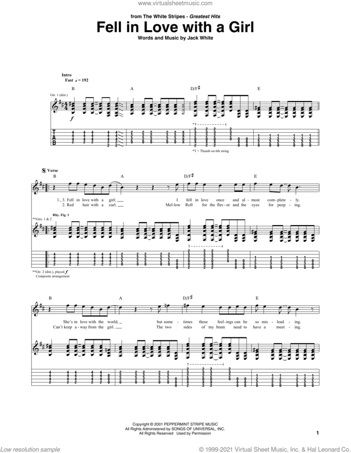 Fell In Love With A Girl sheet music for guitar (tablature) by The White Stripes and Jack White, intermediate skill level