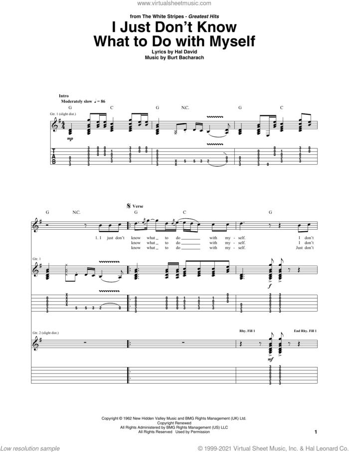 I Just Don't Know What To Do With Myself sheet music for guitar (tablature) by The White Stripes, Burt Bacharach and Hal David, intermediate skill level