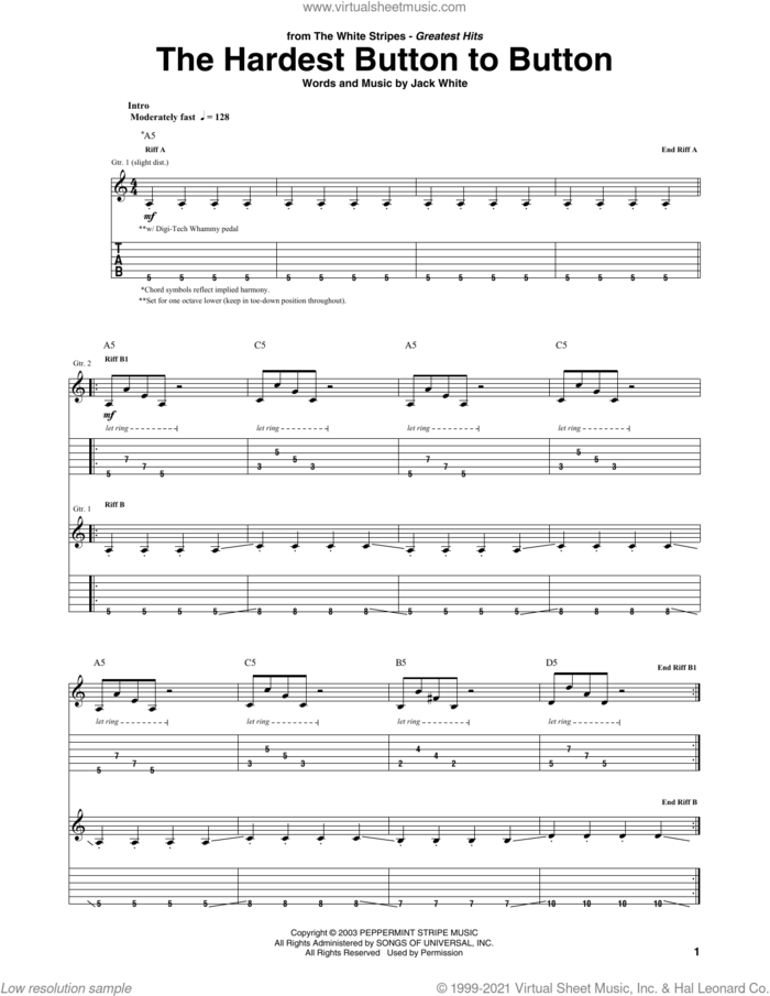 The Hardest Button To Button sheet music for guitar (tablature) by The White Stripes and Jack White, intermediate skill level
