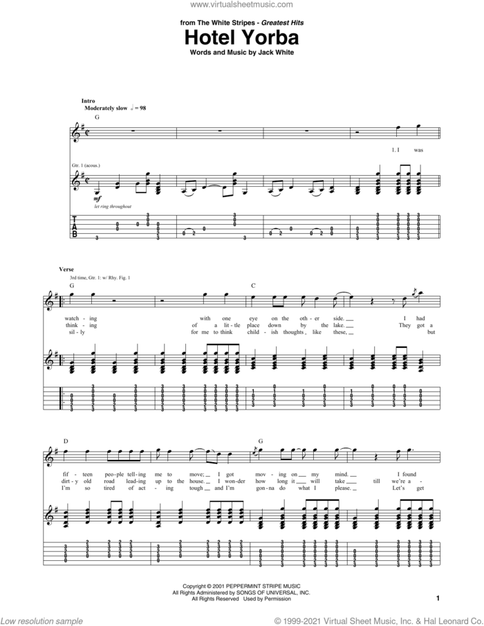 Hotel Yorba sheet music for guitar (tablature) by The White Stripes and Jack White, intermediate skill level