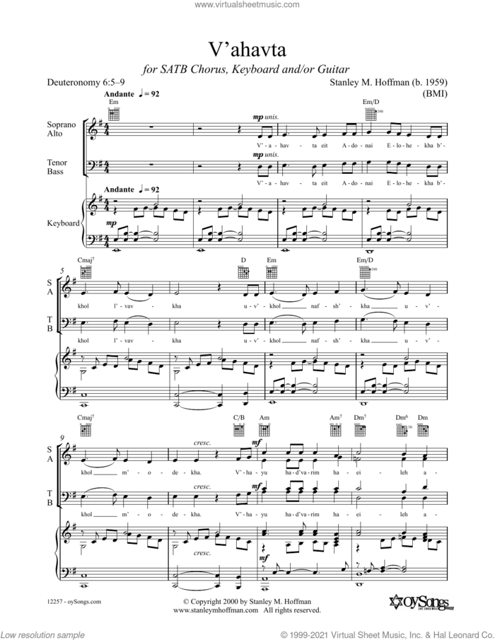 V'ahavta sheet music for choir (SATB: soprano, alto, tenor, bass) by Stanley F. Hoffman, intermediate skill level