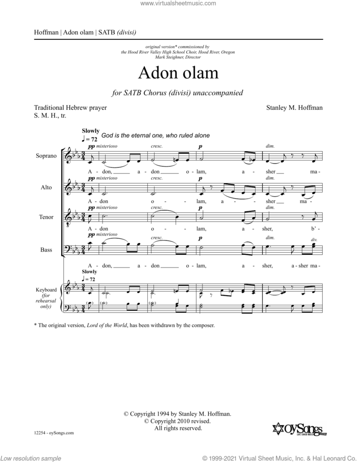 Adon Olam sheet music for choir (SATB: soprano, alto, tenor, bass) by Stanley F. Hoffman, intermediate skill level