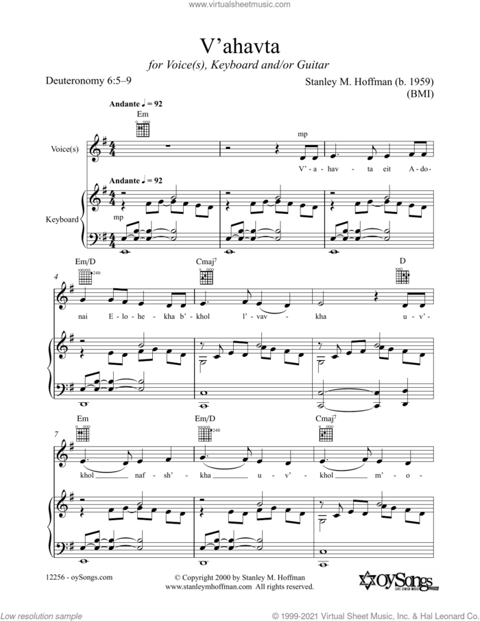 V'ahatva sheet music for voice, piano or guitar by Stanley F. Hoffman, intermediate skill level