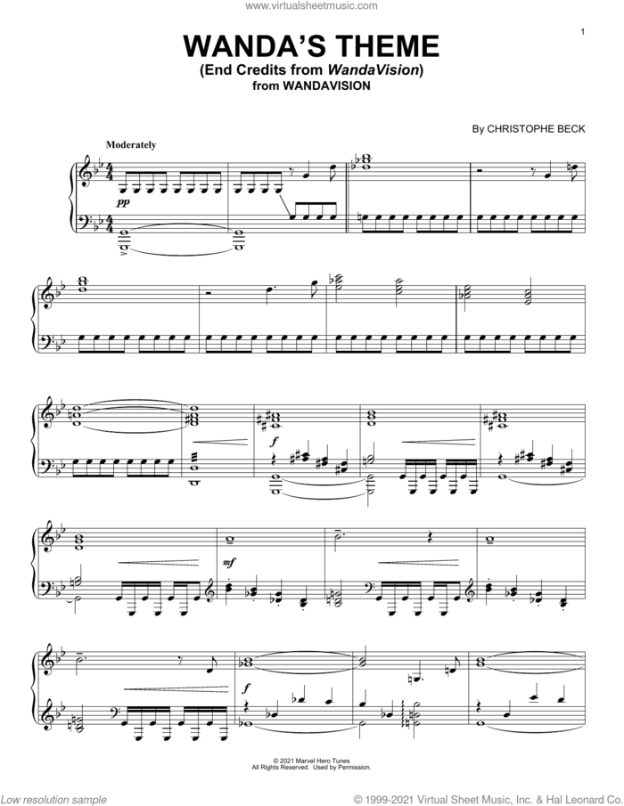 Wanda's Theme (End Credits from WandaVision) sheet music for piano solo by Robert Lopez, Kristen Anderson-Lopez, Kristen Anderson-Lopez & Robert Lopez and Christophe Beck, intermediate skill level