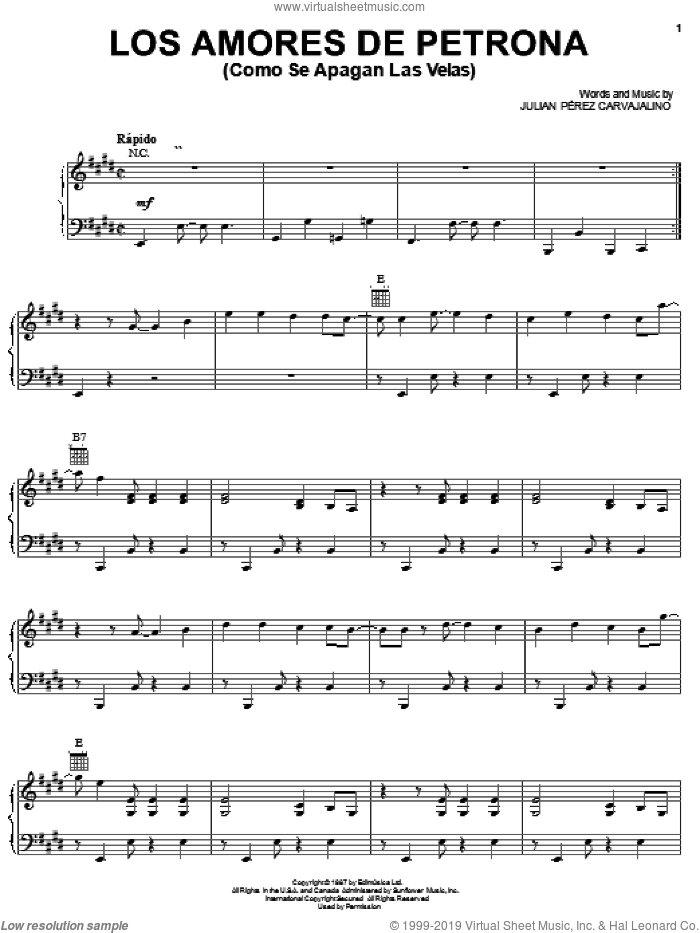 Los Amores De Petrona (Como Se Apagan Las Velas) sheet music for voice, piano or guitar by Julian Perez Carvajalino, intermediate skill level