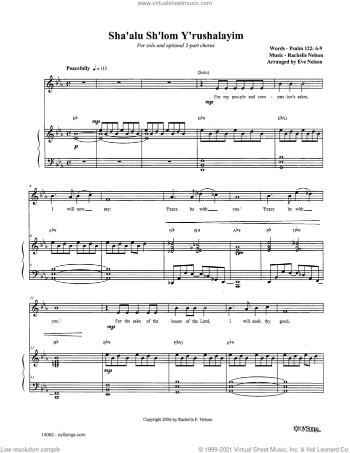 Sha'alu Sh'lom Y'rushalayim sheet music for voice, piano or guitar by Rachelle Nelson, intermediate skill level