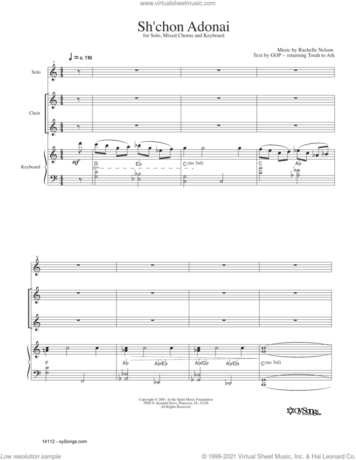 Sh'Chon Adonai sheet music for choir (SATB: soprano, alto, tenor, bass) by Rachelle Nelson, intermediate skill level