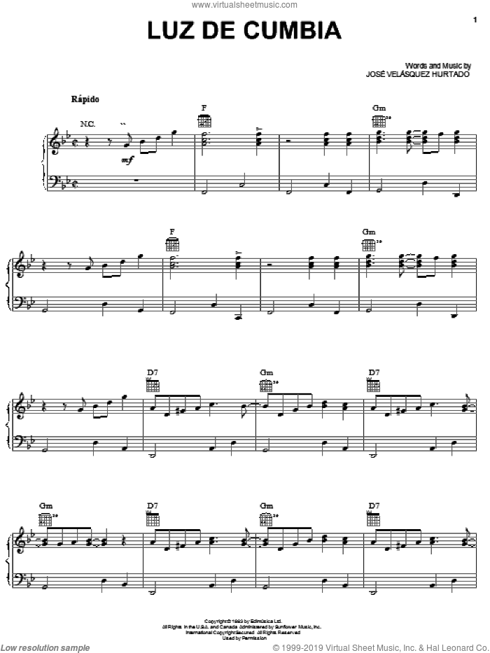 Luz De Cumbia sheet music for voice, piano or guitar by Jose Velasquez Hurtado, intermediate skill level