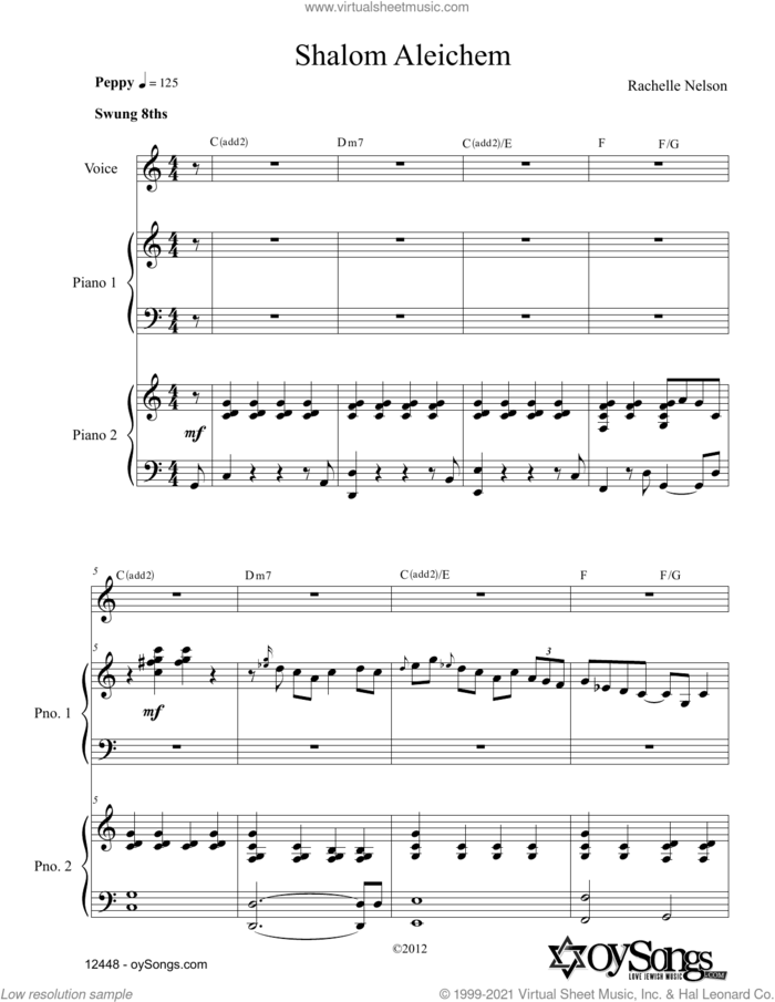 Shalom Aleichem (for 2 Pianos) sheet music for voice and piano by Rachelle Nelson, intermediate skill level