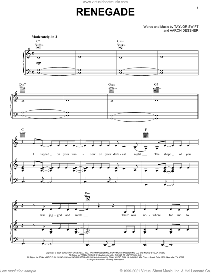 Renegade (feat. Taylor Swift) sheet music for voice, piano or guitar by Big Red Machine, Aaron Dessner and Taylor Swift, intermediate skill level