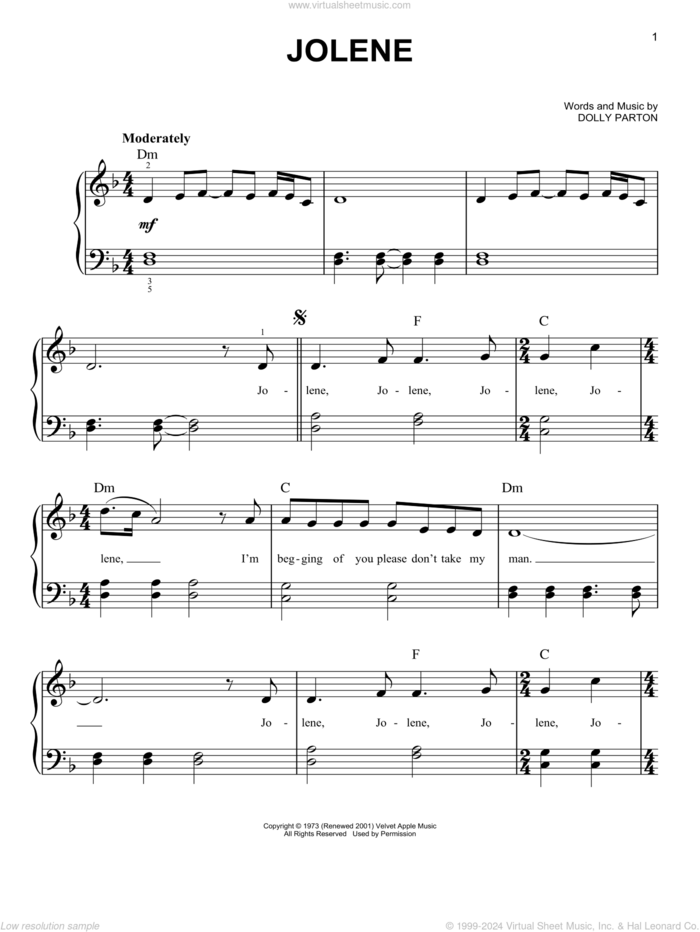 Jolene, (beginner) sheet music for piano solo by Dolly Parton, beginner skill level