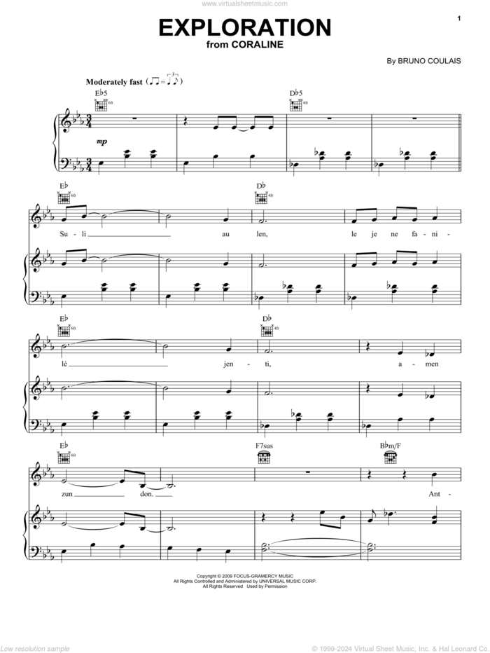 Exploration (from Coraline) sheet music for voice, piano or guitar by Bruno Coulais, intermediate skill level