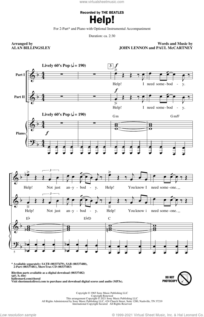 Help! (arr. Alan Billingsley) sheet music for choir (2-Part) by The Beatles, Alan Billingsley, John Lennon and Paul McCartney, intermediate duet