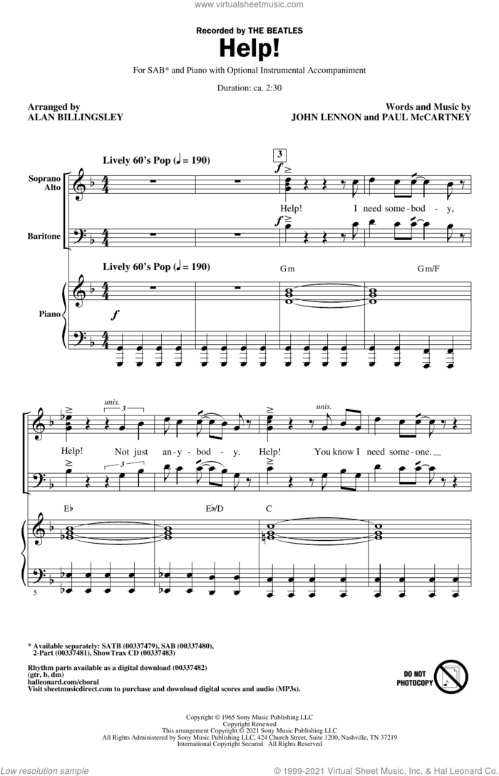 Help! (arr. Alan Billingsley) sheet music for choir (SAB: soprano, alto, bass) by The Beatles, Alan Billingsley, John Lennon and Paul McCartney, intermediate skill level