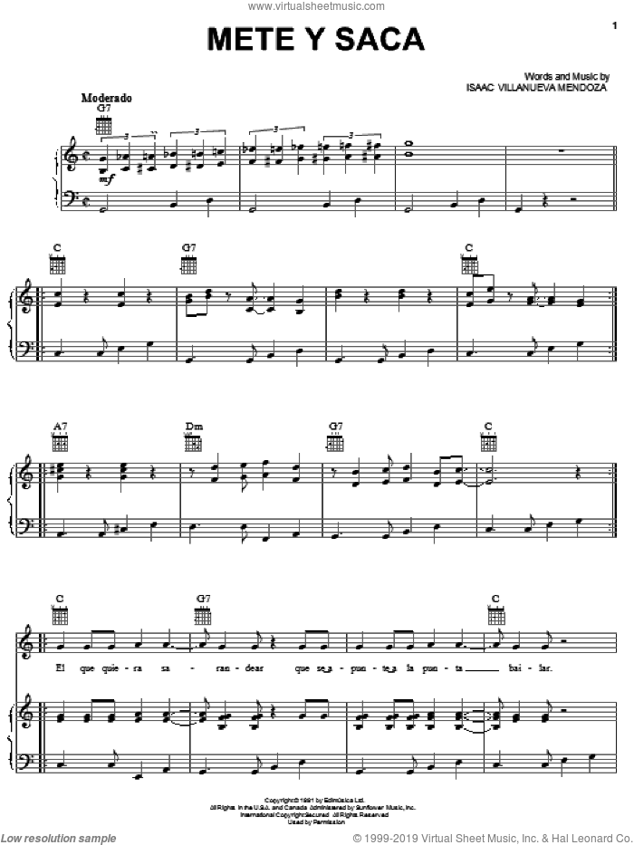 Mete Y Saca sheet music for voice, piano or guitar by Isaac Villanueva Mendoza, intermediate skill level