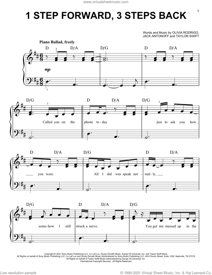 1 step forward, 3 steps back sheet music for piano solo by Olivia Rodrigo, Jack Antonoff and Taylor Swift, easy skill level