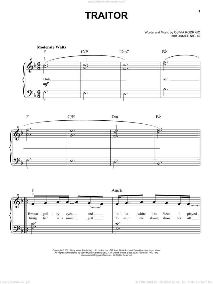 traitor sheet music for piano solo by Olivia Rodrigo and Daniel Nigro, easy skill level