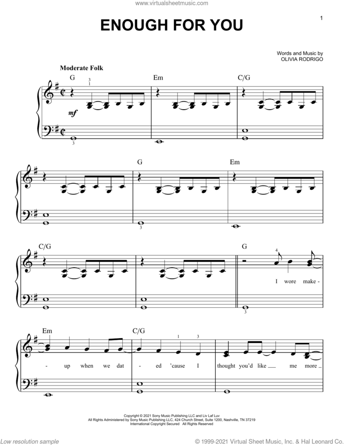 enough for you sheet music for piano solo by Olivia Rodrigo, easy skill level