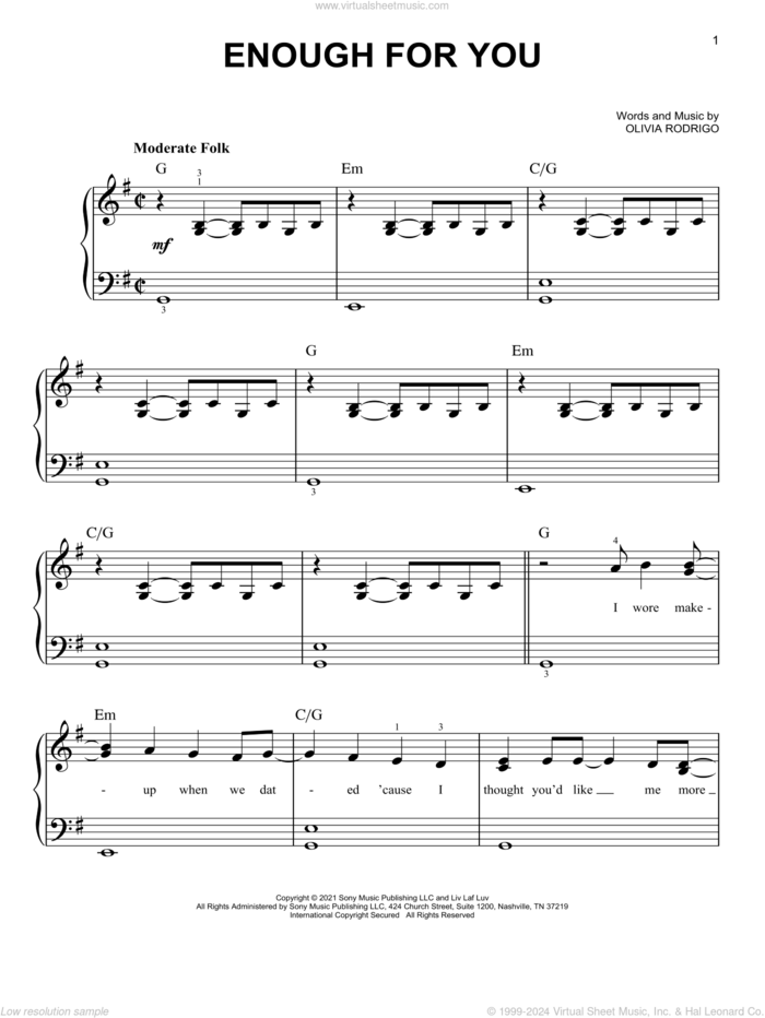 enough for you sheet music for piano solo by Olivia Rodrigo, easy skill level