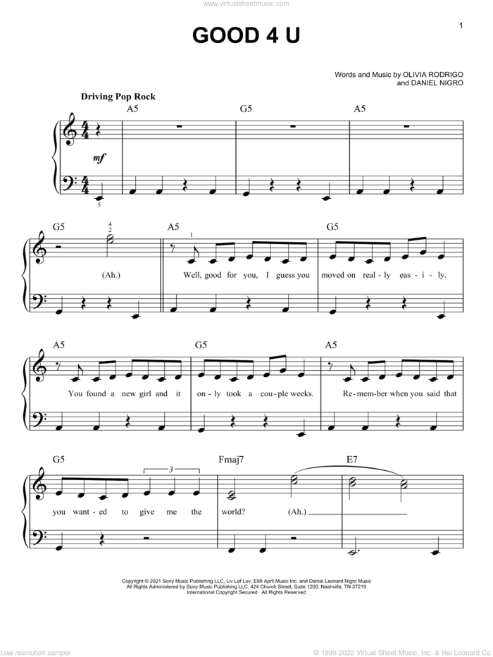 good 4 u, (easy) sheet music for piano solo by Olivia Rodrigo and Daniel Nigro, easy skill level