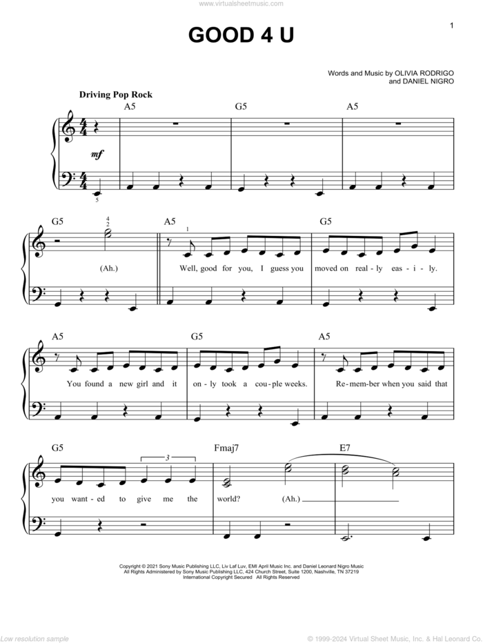 good 4 u, (easy) sheet music for piano solo by Olivia Rodrigo and Daniel Nigro, easy skill level