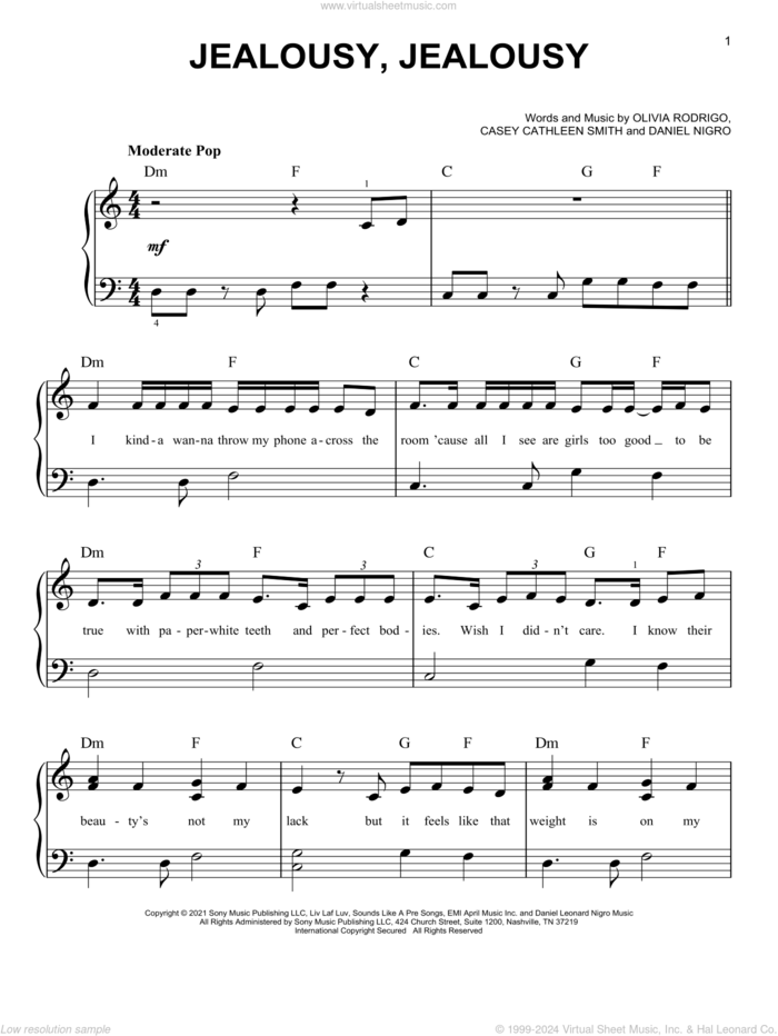 jealousy, jealousy sheet music for piano solo by Olivia Rodrigo, Casey Cathleen Smith and Daniel Nigro, easy skill level