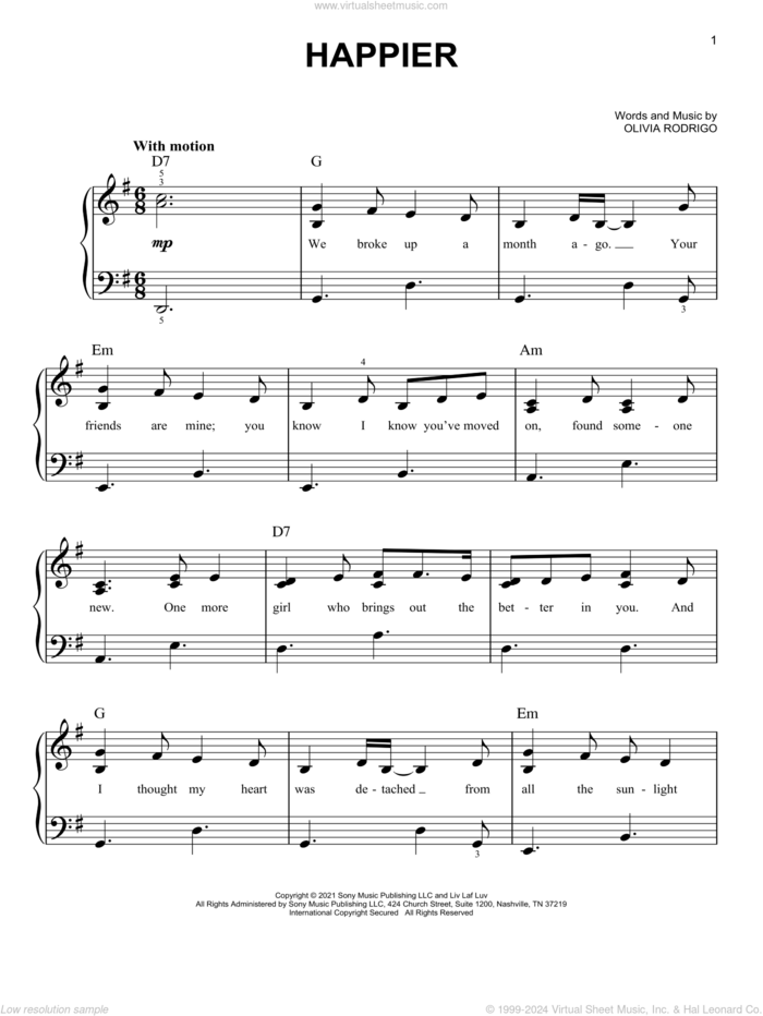 happier sheet music for piano solo by Olivia Rodrigo, easy skill level