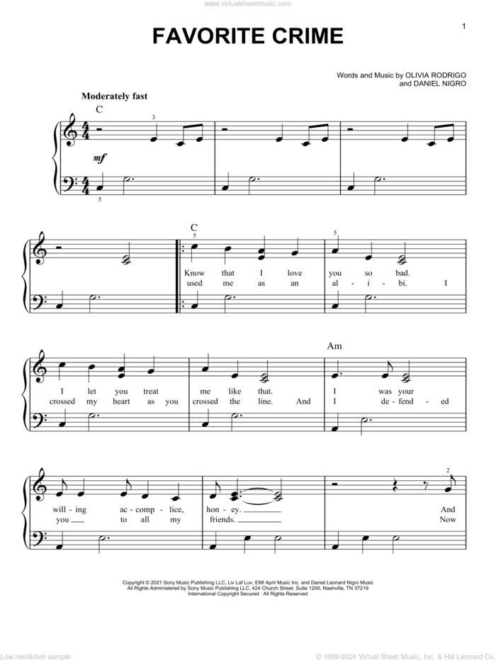 favorite crime sheet music for piano solo by Olivia Rodrigo and Daniel Nigro, easy skill level