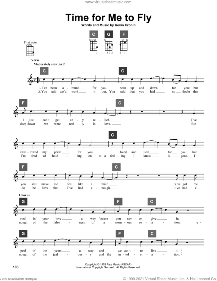 Time For Me To Fly sheet music for ukulele solo (ChordBuddy system) by REO Speedwagon and Kevin Cronin, intermediate ukulele (ChordBuddy system)