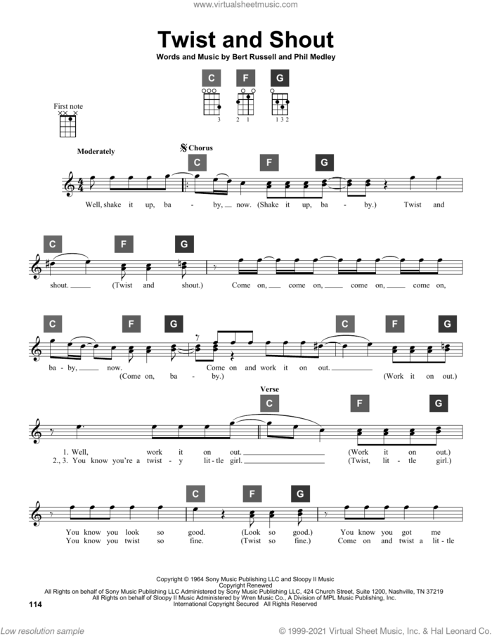 Twist And Shout sheet music for ukulele solo (ChordBuddy system) by The Isley Brothers, The Beatles, Bert Russell and Phil Medley, intermediate ukulele (ChordBuddy system)