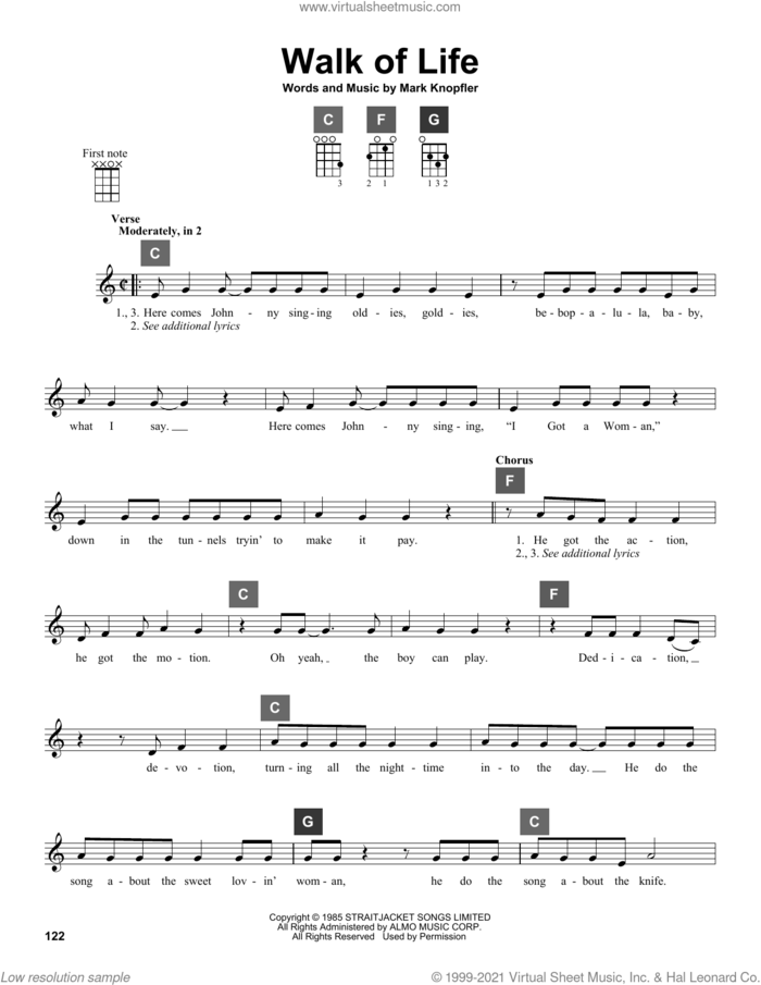 Walk Of Life sheet music for ukulele solo (ChordBuddy system) by Dire Straits and Mark Knopfler, intermediate ukulele (ChordBuddy system)