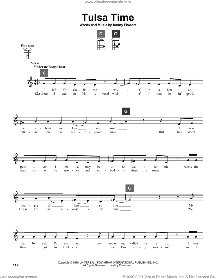 Tulsa Time sheet music for ukulele solo (ChordBuddy system) by Don Williams, Eric Clapton and Danny Flowers, intermediate ukulele (ChordBuddy system)