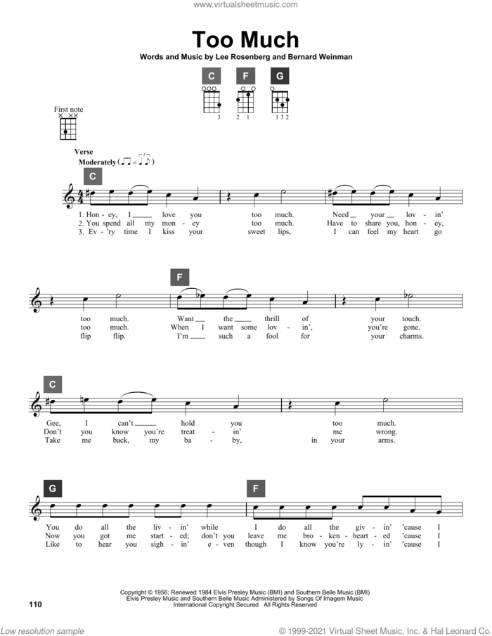 Too Much sheet music for ukulele solo (ChordBuddy system) by Elvis Presley, Bernard Weinman and Lee Rosenberg, intermediate ukulele (ChordBuddy system)