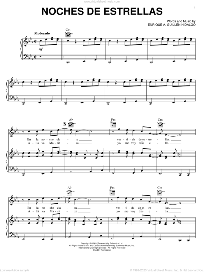 Noches De Estrellas sheet music for voice, piano or guitar by Enrique A. Guillén Hidalgo, intermediate skill level